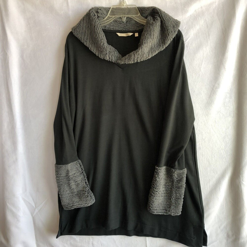 Soft Surroundings Luxury Womens Black Tunic Top w/ Furry Cuffs and Collar Size L